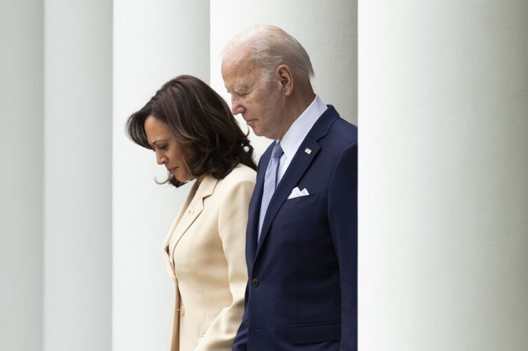 Vice President Harris and President Biden arrive at the Rose Garden of the White House.