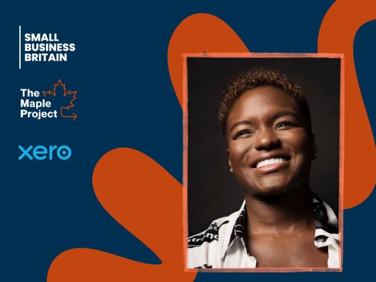 Promotional graphic showing partner logos (Small Business Britain, The Maple Project, Xero) beside a framed portrait of a smiling person on a dark blue background with orange shapes.