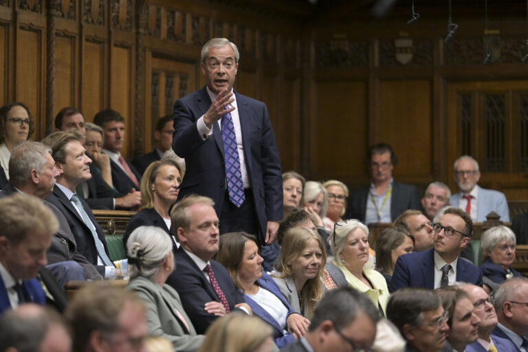 Nigel Farage MP (Clacton, Reform UK) speaks in the House of Commons, UK Parliament on 14 May 2025.